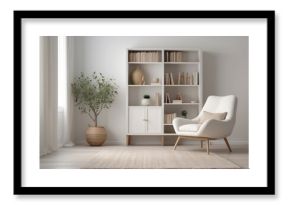 Interior home of living room with white bookcase and armchair on white wall, boho style