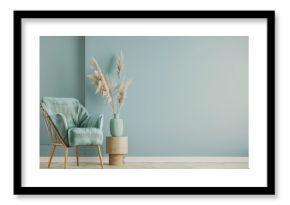 Living room interiors with natural lighting, minimalist furniture and boho decor. Residential interior design composition in calming tones.