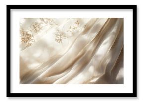 Create an ethereal boho wedding textile background featuring gently draped neutral beige linen. Add abstract floral patterns with delicate sunlight shadows for an artistic finish