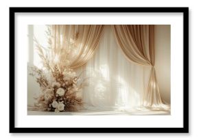 Design a dreamy boho wedding background with draped neutral beige linen. Abstract floral sunlight shadows should provide a sophisticated and ethereal touch