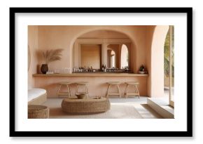 Neutral Mediterranean Japandi bar and living room mockup with arched walls minimalist cozy natural aesthetic stylish elegant home decor interior stylist room boho organic natural eco beige white cream