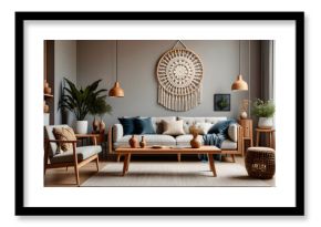 Living room interior in eco style with boho decorative elements