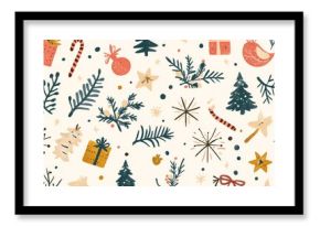 2408 13.A big Christmas pattern featuring holiday-themed elements such as stars, twigs, garlands, gifts, and trees, all designed in a Memphis-inspired boho style. The soft color palette and