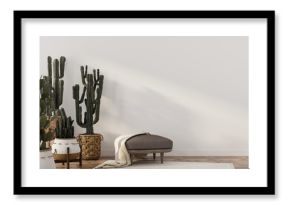 Boho-style interior with leather pouf and cacti