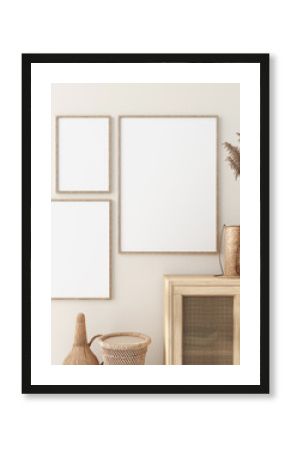 Mock up frame in home interior with rattan furniture, Scandi-boho style, 3d render