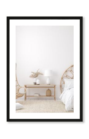 Coastal boho style bedroom interior, wall mockup, 3d render