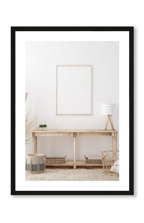 Mockup frame in coastal boho style interior, 3d render