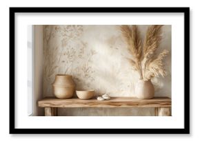 Rustic Boho Interior with Wooden Bench, Ceramic Vessels, Pampas Grass, and Botanical Wall Mural 