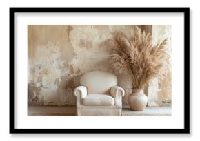 Beige armchair with pampas grass in rustic boho living room setting