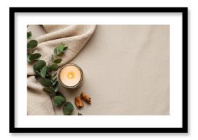 Minimal Boho Flat Lay with Candle, Eucalyptus and Beige Linen – Soft Neutral Aesthetic