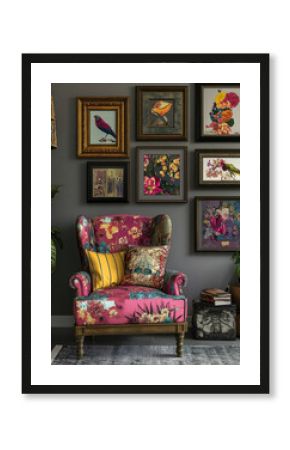 Modern living room interior with a brightly decorated boho style armchair, decorated with colorful floral upholstery. 