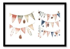 Watercolor boho style pennant banners with pinecones and foliage festive garland arrangements transparent background