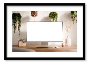 Computer monitor with blank screen mockup on a wooden desk - modern workspace in boho style surrounded by hanging plants and minimalist decor - Front Side Wide Perspective