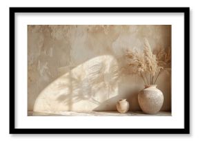 Beige wall with subtle texture and two decorative vases on the right, featuring neutral tones in a boho style, captured in ultra-detailed, high-resolution photography.