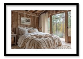 Modern bedroom with boho interior design showcasing a bed adorned with beige bedding set against a spacious panoramic window