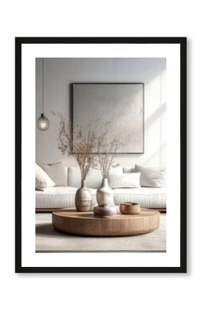 Minimalist and boho style interior design with modern living room and white sofa