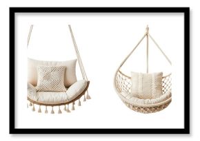 Cozy and inviting macrame hanging swing chair adorned with geometric patterned soft cushions  creating a serene and bohemian inspired atmosphere for relaxation and comfort in an outdoor garden  patio