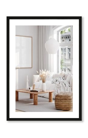 Mockup frame in interior background, white neutral room, Scandi-Boho style, 3d render 