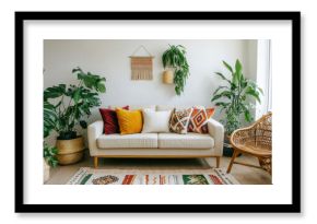 A cozy living room with a sofa, colorful pillows, and vibrant indoor plants.