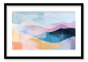 A framed boho painting featuring abstract landscapes and soft pastel hues.