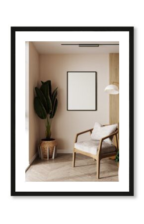Mockup poster frame on the wall, armchair in Scandinavian Livingroom, 3d rendering, 3d illustration