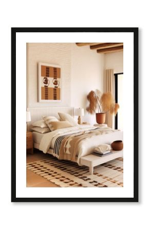 Rustic, boho interior design of modern bedroom in farmhouse. Created with generative AI