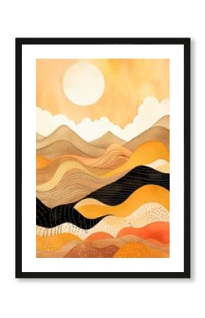 a boho vintage watercolor illustration of a landscape with mountains and sun with orange and gold colors.