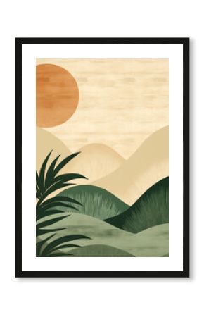 calm green boho style posters with geometric shapes and palm leaves 8:10 for design and wall art print backdrop