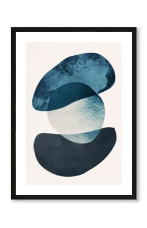 Contemporary art, minimalist, boho style blue circles shape  on white background, poster.