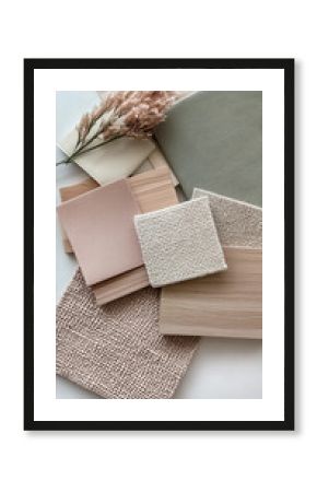 Swatches moodboard interior decor design neutral beige pink wook eco organic soft warm earthy aesthetic fabric textile texture linen cotton wool ceramic wood minimalist modern natural designer 
