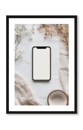 Blank smartphone screen mockup on a white wooden surface surrounded by dried flowers, linen fabric, and a ceramic coffee cup for a cozy scene.