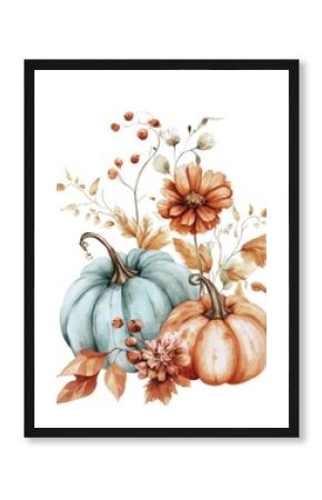Autumnal pumpkin bouquet, featuring two pumpkins, various fall flowers, and foliage in muted autumnal colors