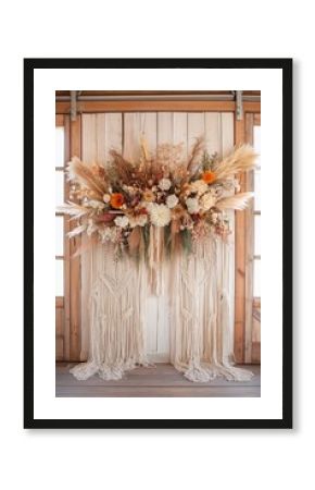A beautiful floral arrangement featuring dried flowers, pampas grass, and macrame accents, creating a rustic and elegant backdrop.