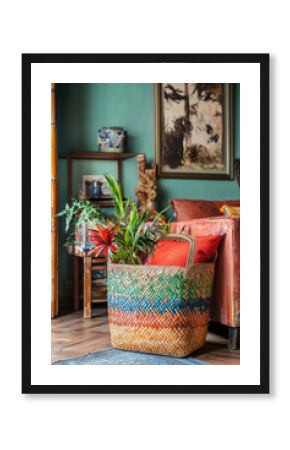 Handmade woven colorful Bamboo basket in cozy living room interior. 