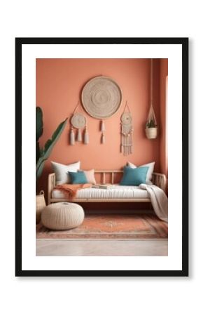 boho ethno living room with daybed, pillows, hanging decoration, carpet, basket, Coral wall