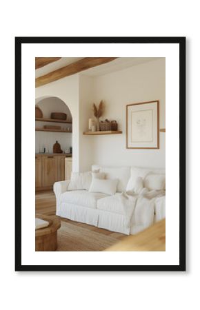 white modern living room with wooden floor, sofa and coffee table in the center of the picture, shelf on wall behind couch, big poster frame hanging above sofa, cozy atmosphere, scandinavian 