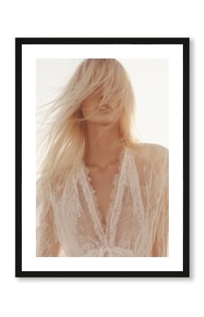 Romantic boho woman blonde hair waves in warm backlight with lace dress — editorial content for branding, social media, Instagram, websites, content marketing