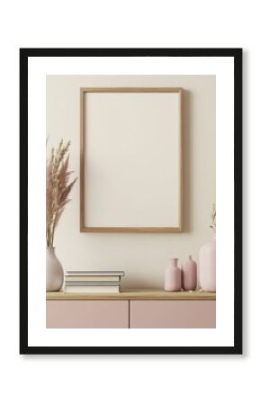Empty framed poster on a pink cabinet with decorative grasses