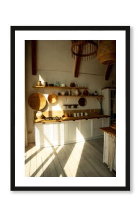 White kitchen boho style, cosy tiny home after the reconstruction in panel house. Sunrise in the kitchen