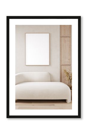 Mockup poster frame in home interior background, living room in Scandi Boho style, 3d render