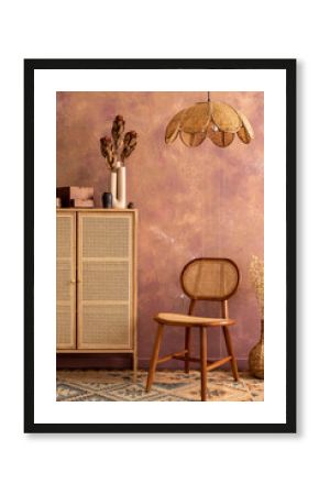 Stylish boho vintage dining room interior with rattan commode, chair, vase with drierd flowers and personal accessories. Brown wall and rattan lamp. Template.
