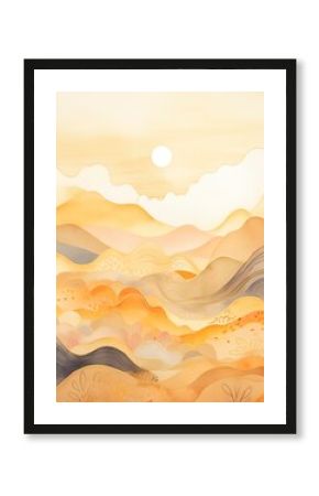 a boho vintage watercolor illustration of a landscape with mountains and sun with orange and gold colors.
