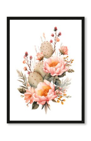 Beautiful WIld West Desert boho floral composition arrangement with cactus and flowers. Watercolor illustration isolated on white background