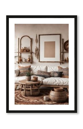  Mockup frame in nomadic boho interior background with rustic decor, 3d render 