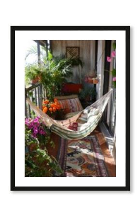 Cozy Balcony with Hammock and Abundant Greenery in Urban Apartment