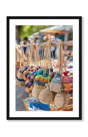 Colorful handmade woven bags hanging at an outdoor market, showcasing intricate craftsmanship and vibrant designs on a sunny day.