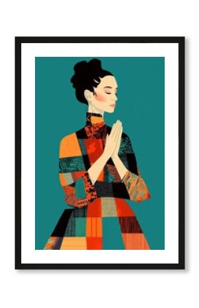 Minimalism illustration, a Caucasian woman, wearing an avant-garde dress with intricate cutouts and layered fabrics, captured in a contemplative pose with hands clasped, avant-garde fashion, boho