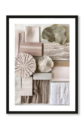 Swatches moodboard fabric textile texture material interior decor design neutral earthy warm beige blush sage green soft cozy organic natural rustic minimalist modern boho Japandi eco interior design