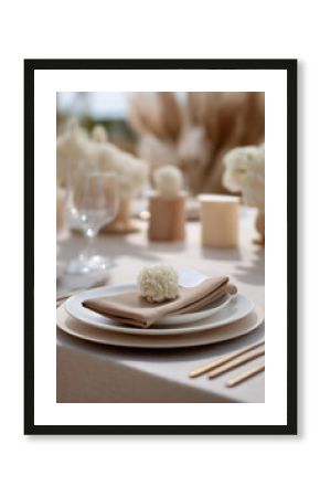 Elegant neutral place setting with white flower