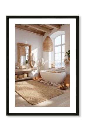 Light-Beige Jute Rug in a Coastal-Inspired Bathroom